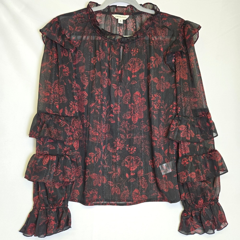Frye And Co Sheer Tiered Ruffle Floral Blouse Romantic Victorian Black Red M